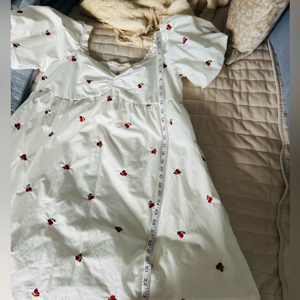 Altar'd State Dress Cherry Poplin White Puff-Sleeve Mini Dress - Picture 9 of 11